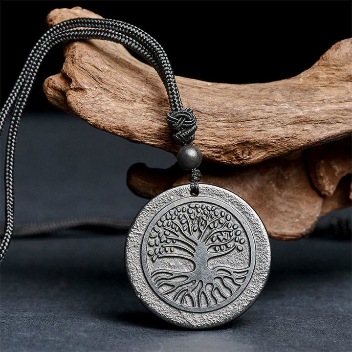 Collar con colgante de protección de piedra de shungita auténtica con patrón tallado del Árbol de la Vida y Buddha Stones - image 3