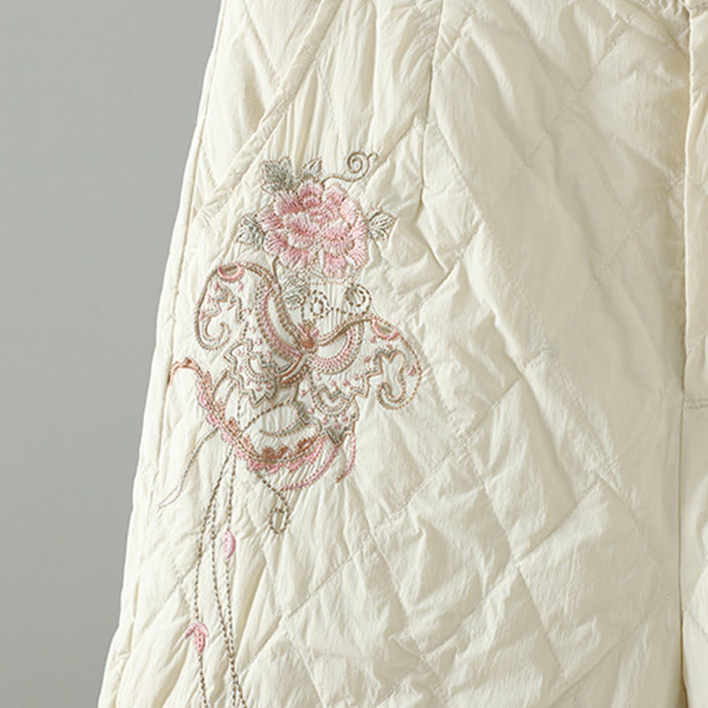 Pantalones gruesos para mujer con bolsillos y estampado de rombos y flores rosas con Buddha Stones - image 5