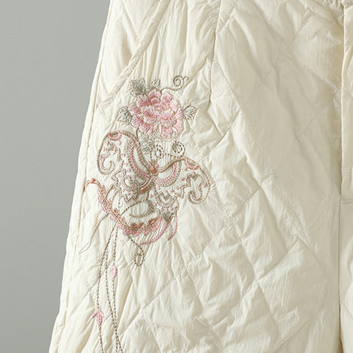 Pantalones gruesos para mujer con bolsillos y estampado de rombos y flores rosas con Buddha Stones - image 5