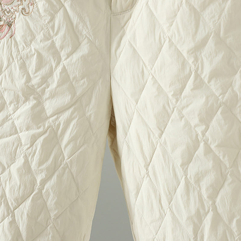 Pantalones gruesos para mujer con bolsillos y estampado de rombos y flores rosas con Buddha Stones - image 4