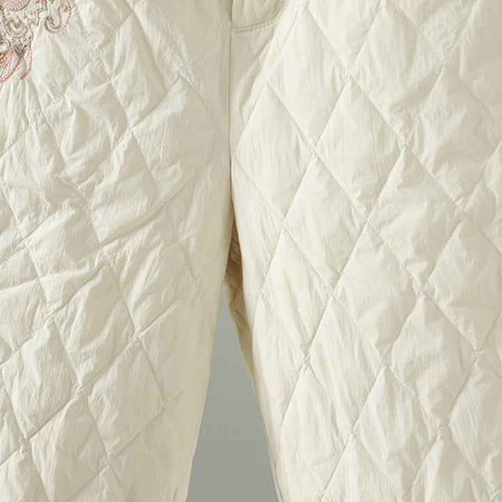 Pantalones gruesos para mujer con bolsillos y estampado de rombos y flores rosas con Buddha Stones - image 4