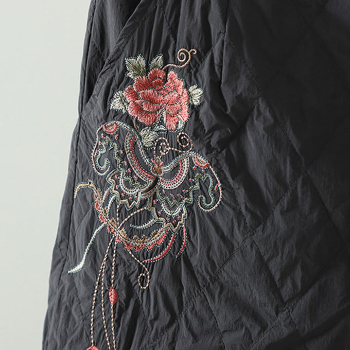 Pantalones gruesos para mujer con bolsillos y estampado de rombos y flores rosas con Buddha Stones - image 13