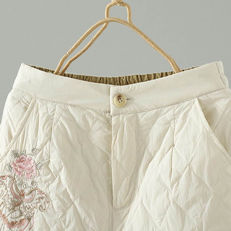 Pantalones gruesos para mujer con bolsillos y estampado de rombos y flores rosas con Buddha Stones - image 3