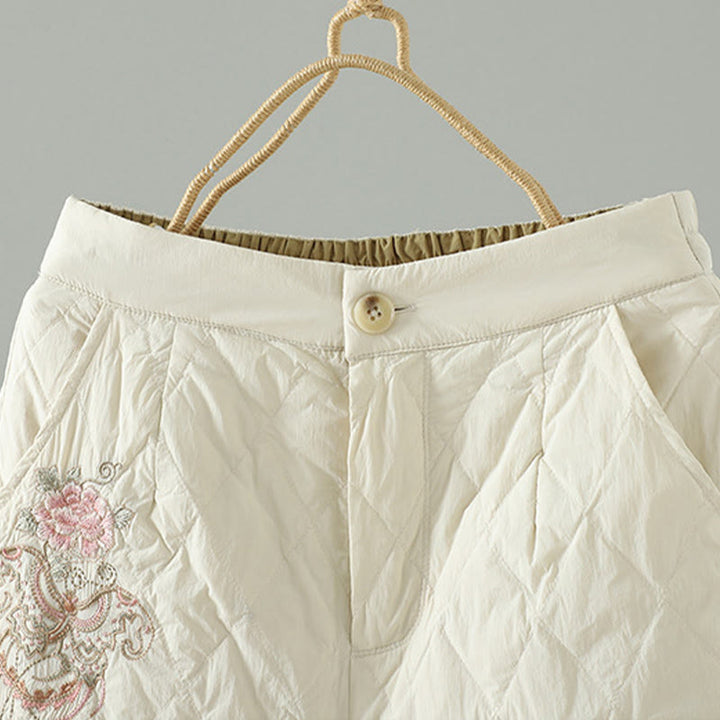 Pantalones gruesos para mujer con bolsillos y estampado de rombos y flores rosas con Buddha Stones - image 3