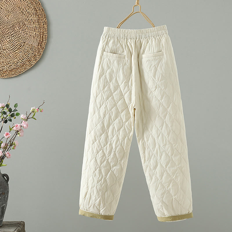 Pantalones gruesos para mujer con bolsillos y estampado de rombos y flores rosas con Buddha Stones - image 2