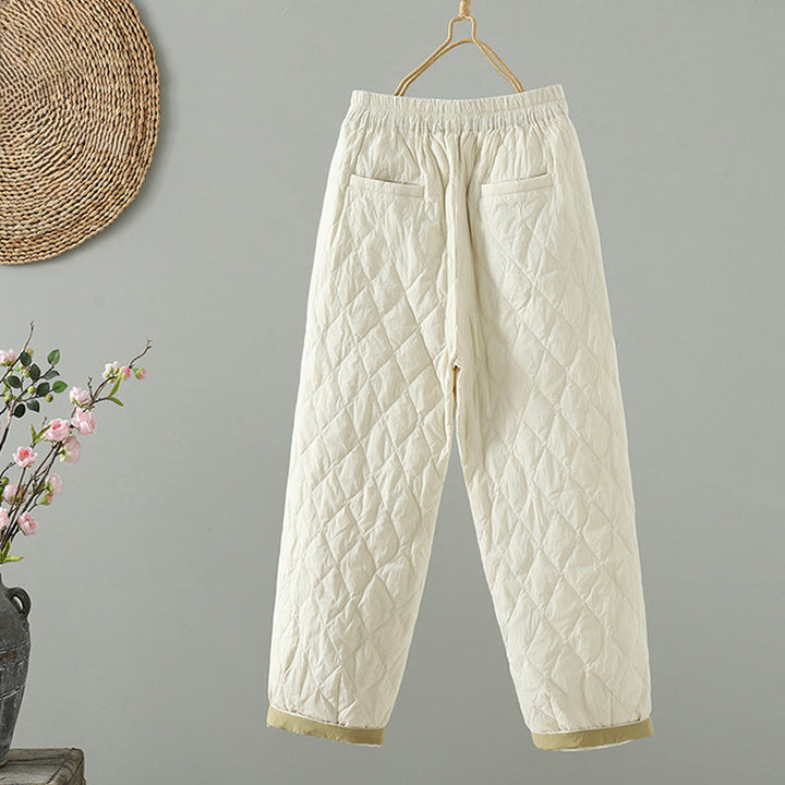 Pantalones gruesos para mujer con bolsillos y estampado de rombos y flores rosas con Buddha Stones - image 2