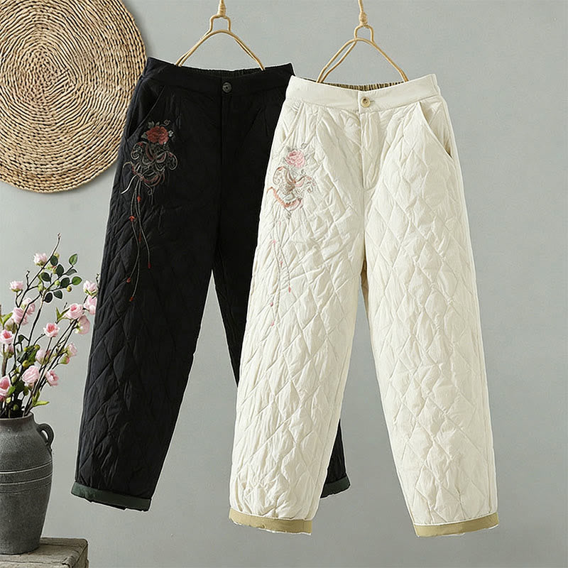 Pantalones gruesos para mujer con bolsillos y estampado de rombos y flores rosas con Buddha Stones - image 0