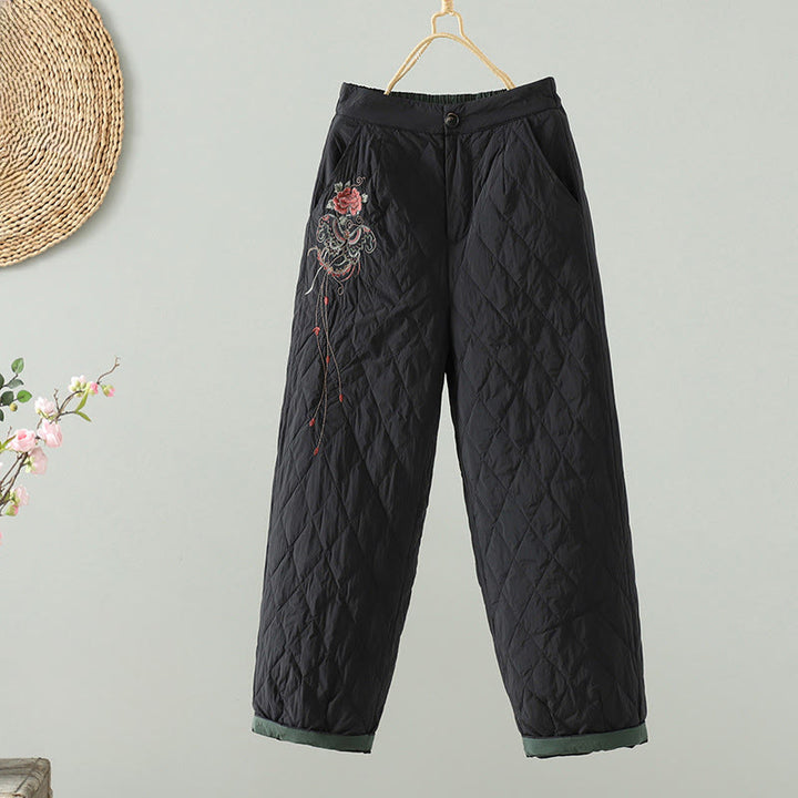 Pantalones gruesos para mujer con bolsillos y estampado de rombos y flores rosas con Buddha Stones - Negro - US8-10，UK/AU12-14，EU40-42 (2XL) - image 11