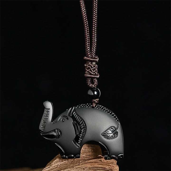 Collar con colgante de obsidiana negra con símbolo de elefante tallado en Buddha Stones. - image 2