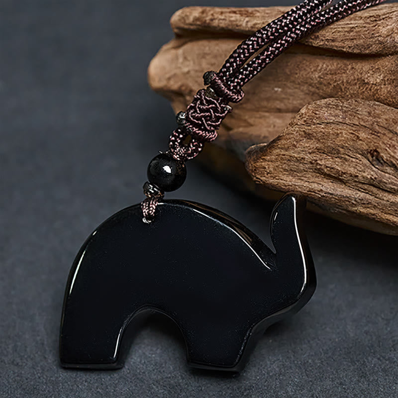 Collar con colgante de obsidiana negra con símbolo de elefante tallado en Buddha Stones. - image 4