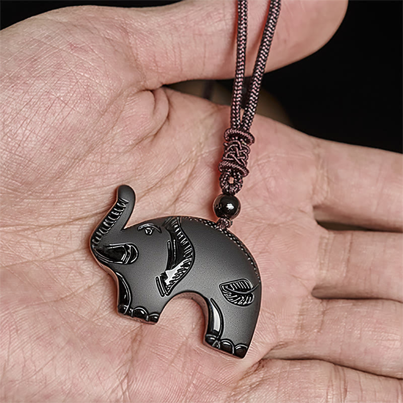 Collar con colgante de obsidiana negra con símbolo de elefante tallado en Buddha Stones. - image 7