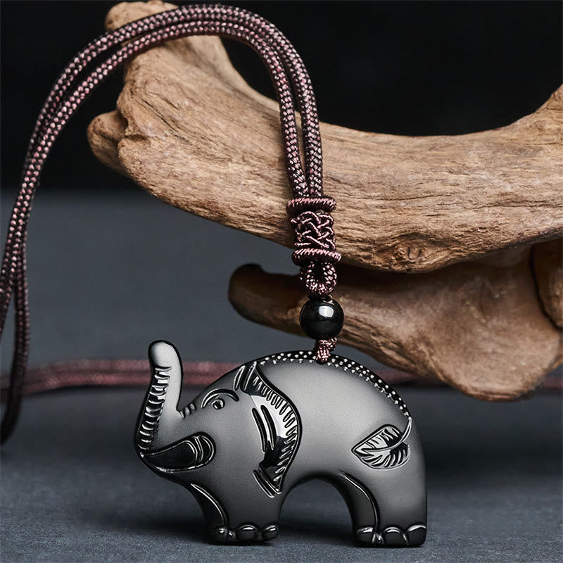Collar con colgante de obsidiana negra con símbolo de elefante tallado en Buddha Stones. - image 1