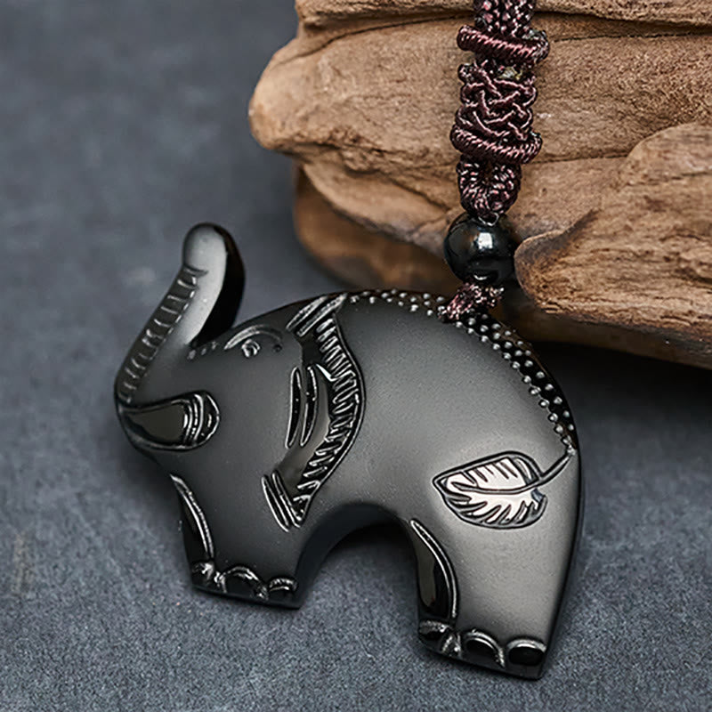 Collar con colgante de obsidiana negra con símbolo de elefante tallado en Buddha Stones. - image 3