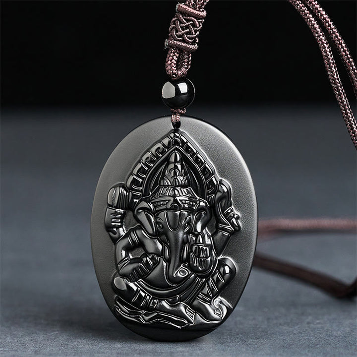 Collar con colgante de obsidiana negra natural con diseño de elefante Ganesh y Buddha Stones. - Obsidiana negra (tamaño del colgante: 53 x 39 mm) - image 0