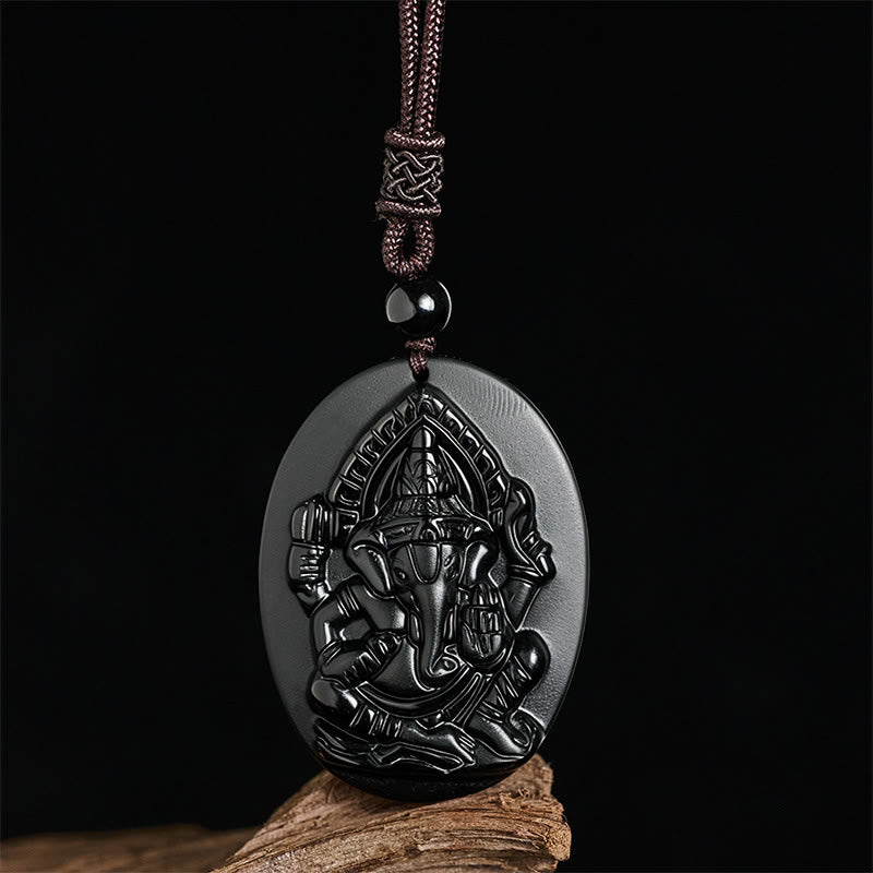 Collar con colgante de obsidiana negra natural con diseño de elefante Ganesh y Buddha Stones. - image 2
