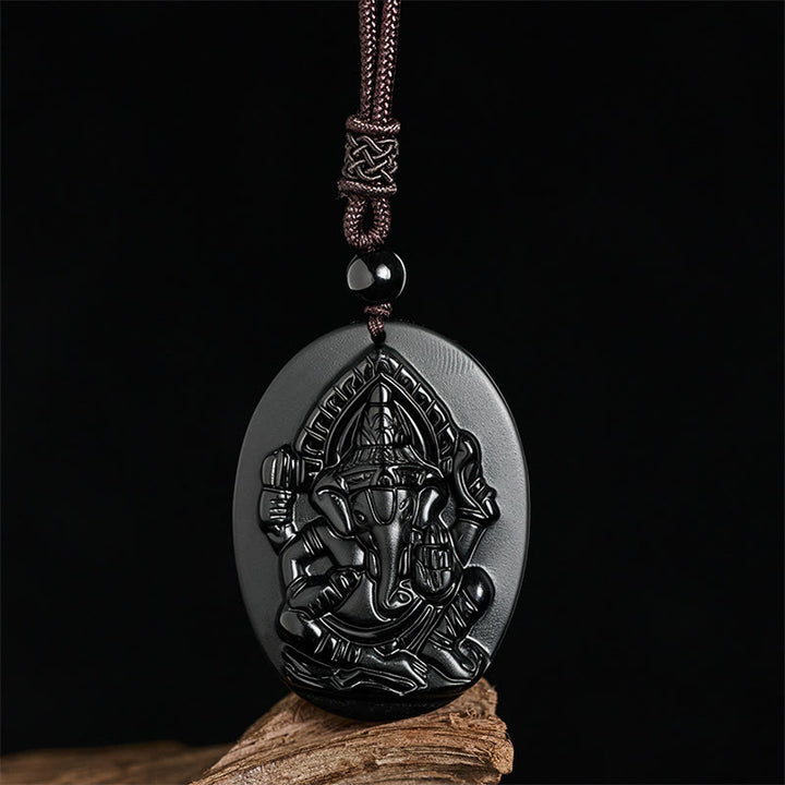 Collar con colgante de obsidiana negra natural con diseño de elefante Ganesh y Buddha Stones. - image 2
