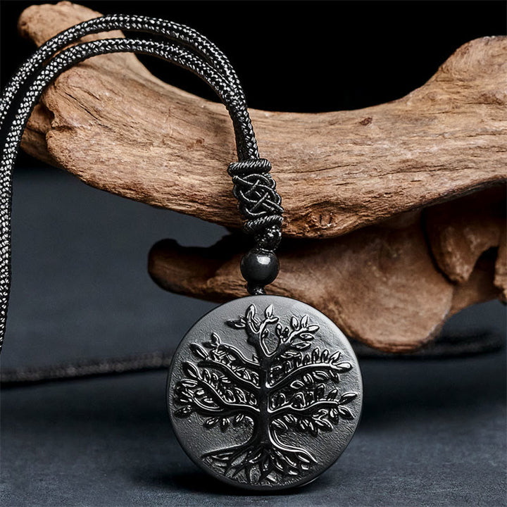 Collar con colgante de obsidiana negra con diseño de árbol de la vida y Buddha Stones - image 1