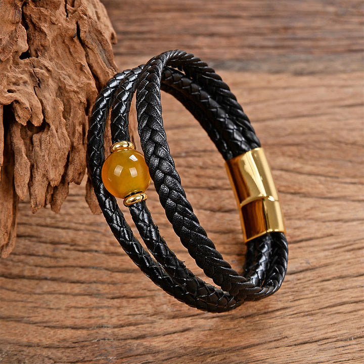 Pulsera de equilibrio de cuero trenzado con seis palabras verdaderas y cuentas multicolores de amatista y lazurita de Buddha Stones - Ágata amarilla - 18-22 cm - image 25