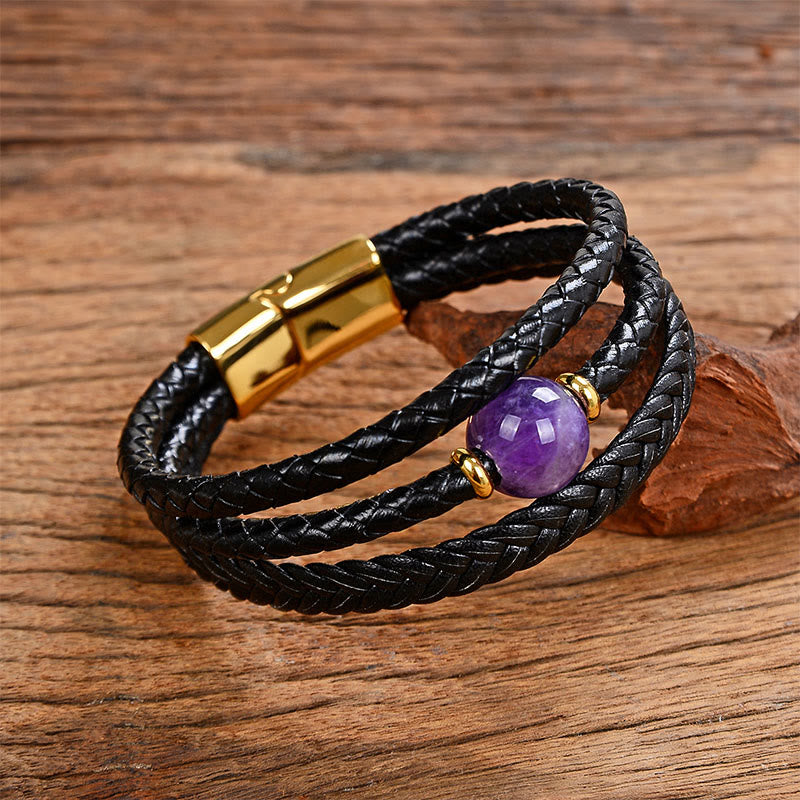 Pulsera de equilibrio de cuero trenzado con seis palabras verdaderas y cuentas multicolores de amatista y lazurita de Buddha Stones - Amatista - 18-22 cm - image 3