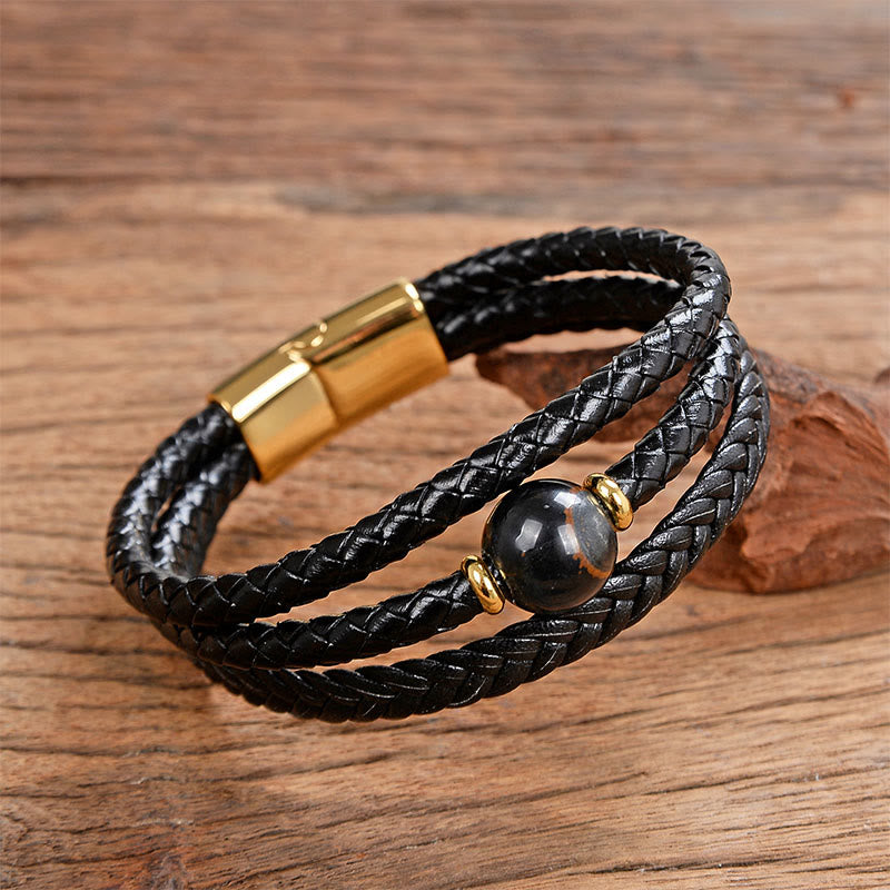 Pulsera de equilibrio de cuero trenzado con seis palabras verdaderas y cuentas multicolores de amatista y lazurita de Buddha Stones - Liuli negro - 18-22 cm - image 5