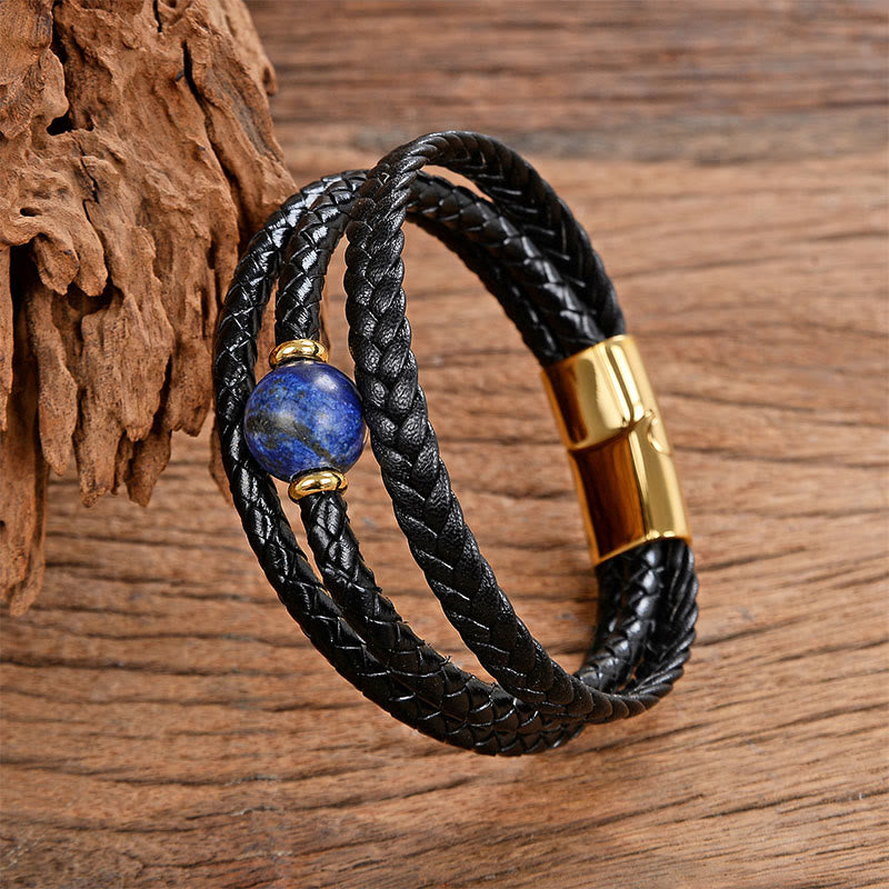 Pulsera de equilibrio de cuero trenzado con seis palabras verdaderas y cuentas multicolores de amatista y lazurita de Buddha Stones - Lazurita - 18-22 cm - image 12