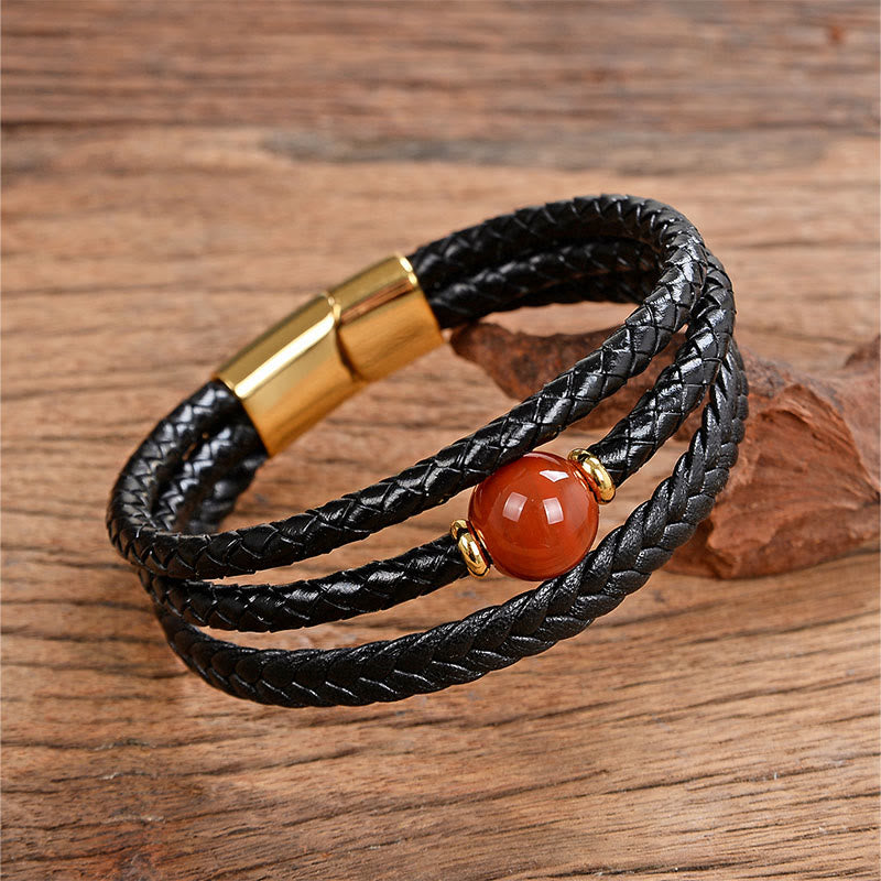 Pulsera de equilibrio de cuero trenzado con seis palabras verdaderas y cuentas multicolores de amatista y lazurita de Buddha Stones - Ágata roja - 18-22 cm - image 16