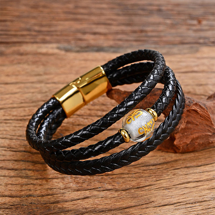 Pulsera de equilibrio de cuero trenzado con seis palabras verdaderas y cuentas multicolores de amatista y lazurita de Buddha Stones - Liuli blanco y Om Mani Padme Hum - 18-22 cm - image 6