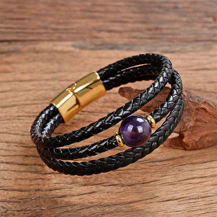 Pulsera de equilibrio de cuero trenzado con seis palabras verdaderas y cuentas multicolores de amatista y lazurita de Buddha Stones - Ojo de tigre morado - 18-22 cm - image 14