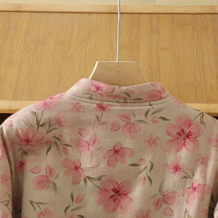 Abrigo de mujer de manga larga y cuello redondo con estampado de flores y botones de rana con Buddha Stones  - image 4