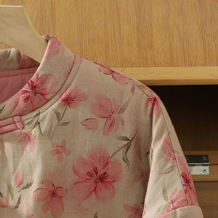 Abrigo de mujer de manga larga y cuello redondo con estampado de flores y botones de rana con Buddha Stones  - image 3