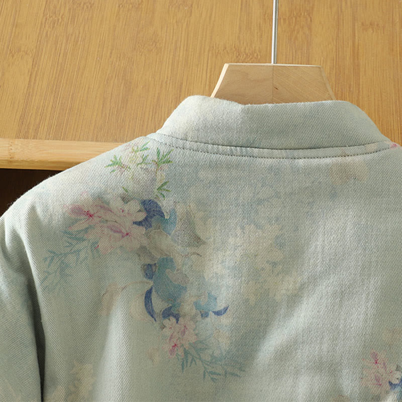 Abrigo de mujer de manga larga y cuello redondo con estampado de flores y botones de rana con Buddha Stones  - image 14