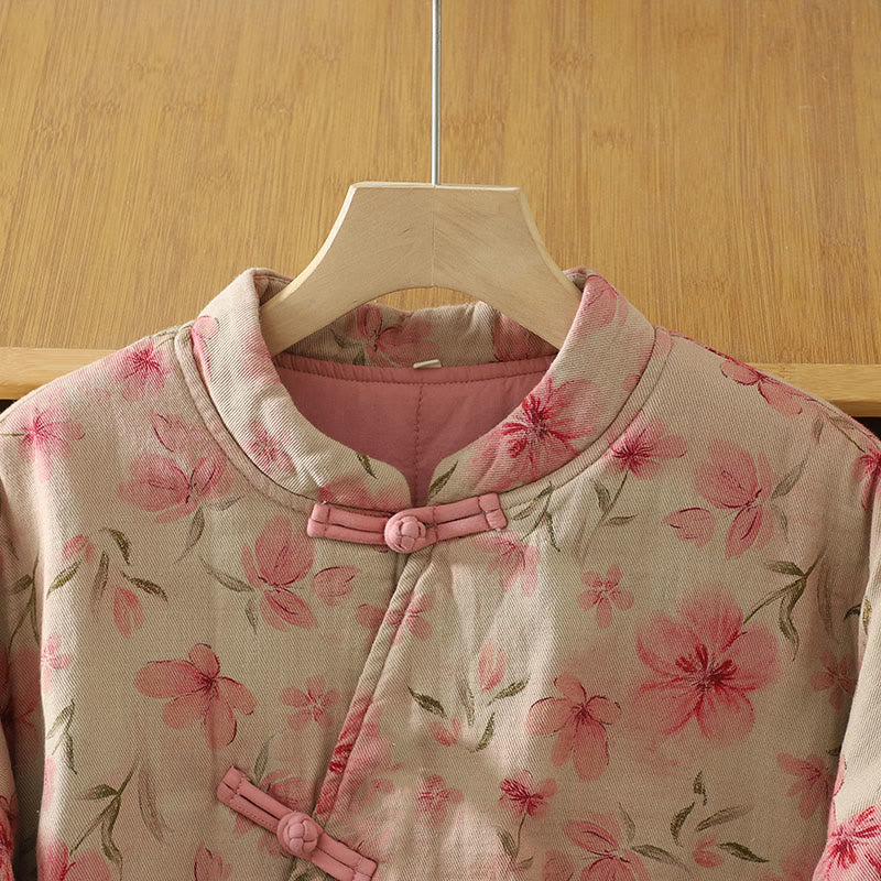 Abrigo de mujer de manga larga y cuello redondo con estampado de flores y botones de rana con Buddha Stones  - image 2