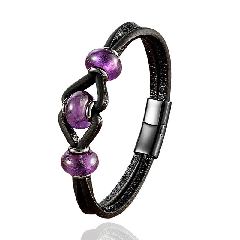 Pulsera redonda de cuero doble con piedras de cristal de amatista y Buddha Stones para aliviar el estrés - image 1