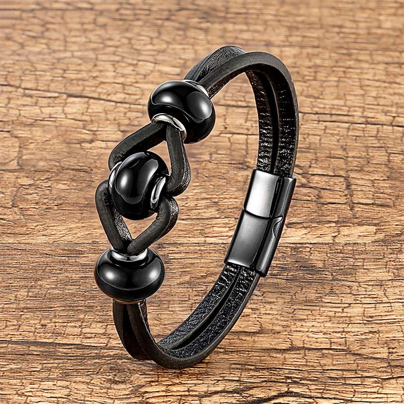 Pulsera redonda de cuero doble con piedras de cristal de amatista y Buddha Stones para aliviar el estrés - Ónix negro - 18-22 cm - image 7