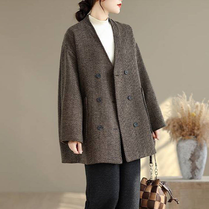 Abrigo de algodón de manga larga con cuello en V y rayas Buddha Stones para mujer con bolsillos - image 12