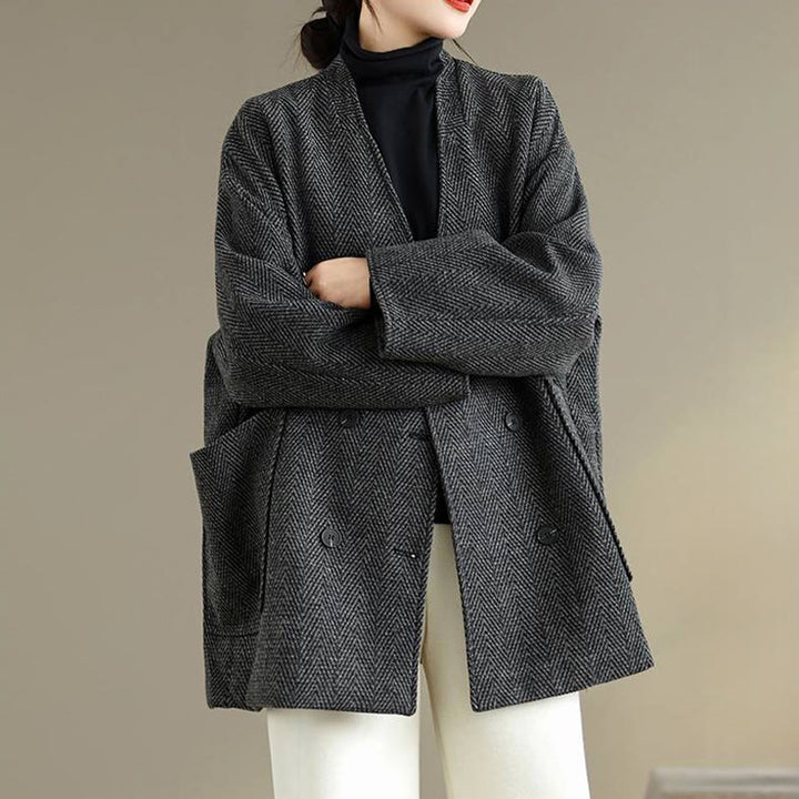 Abrigo de algodón de manga larga con cuello en V y rayas Buddha Stones para mujer con bolsillos - image 3