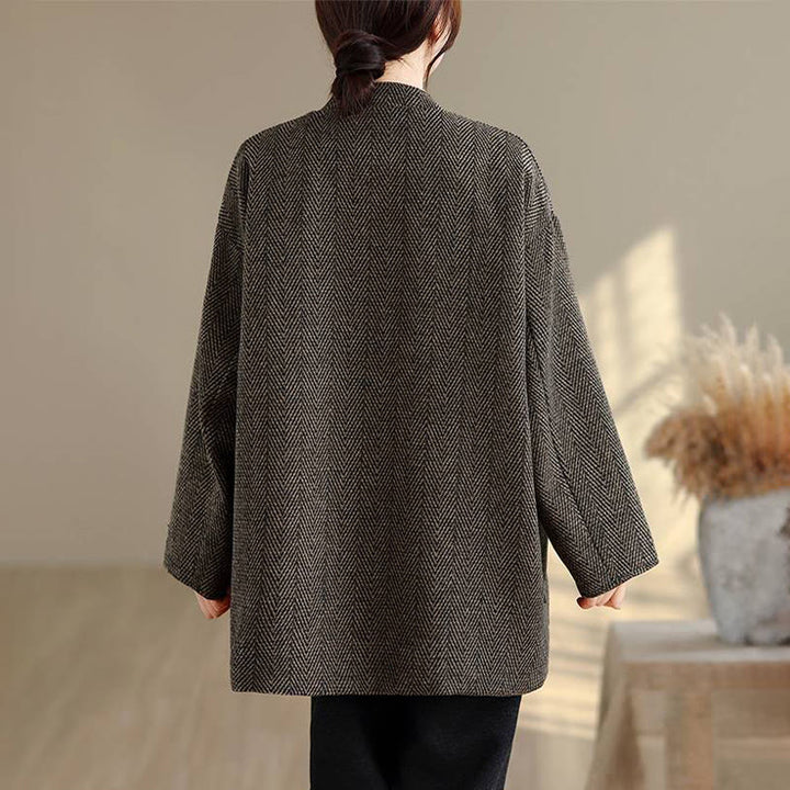 Abrigo de algodón de manga larga con cuello en V y rayas Buddha Stones para mujer con bolsillos - image 16