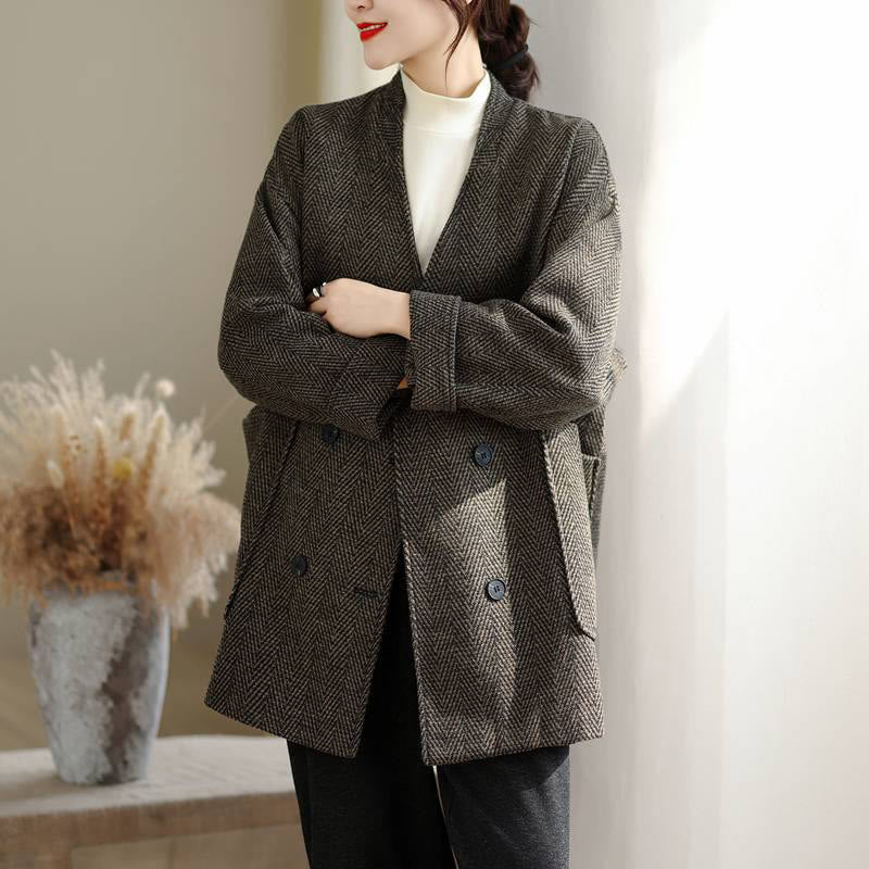 Abrigo de algodón de manga larga con cuello en V y rayas Buddha Stones para mujer con bolsillos - image 13