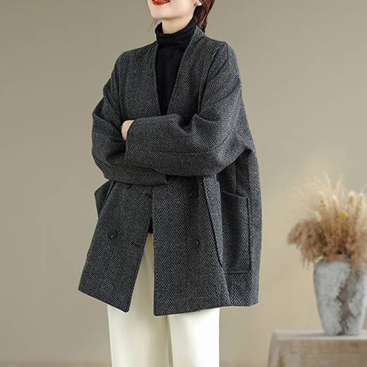 Abrigo de algodón de manga larga con cuello en V y rayas Buddha Stones para mujer con bolsillos - image 2