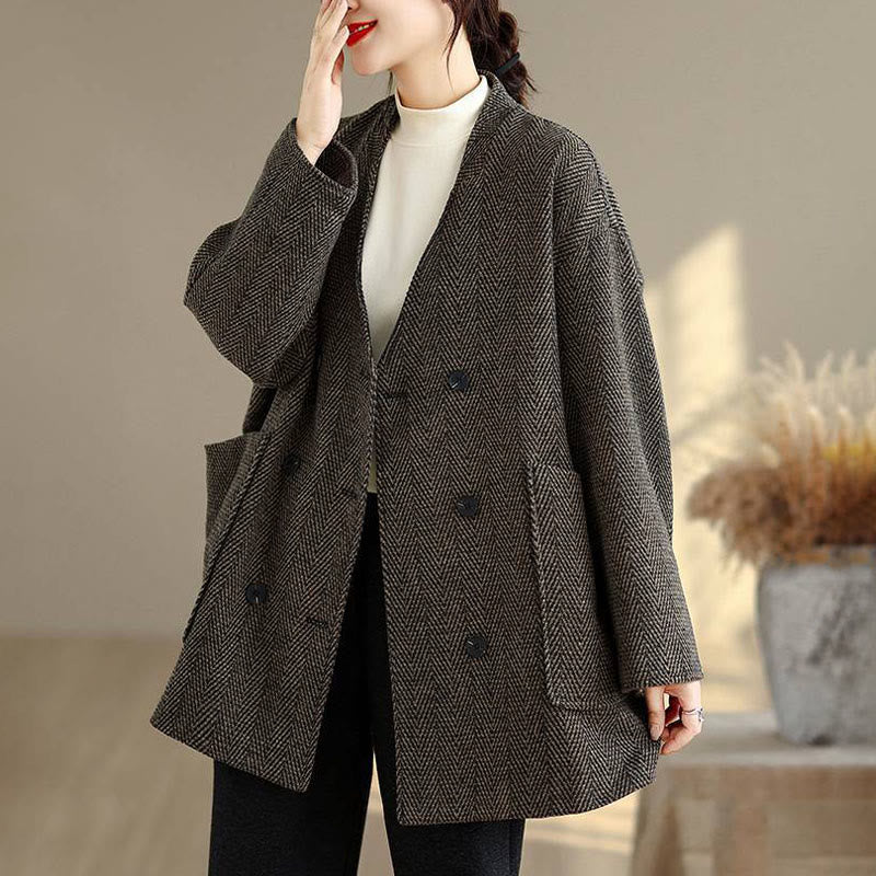 Abrigo de algodón de manga larga con cuello en V y rayas Buddha Stones para mujer con bolsillos - Marrón silla de montar - US14，UK/AU18，EU46 (2XL) - image 10