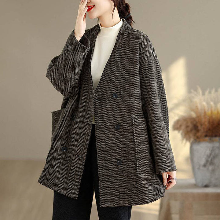 Abrigo de algodón de manga larga con cuello en V y rayas Buddha Stones para mujer con bolsillos - Marrón silla de montar - US14，UK/AU18，EU46 (2XL) - image 10