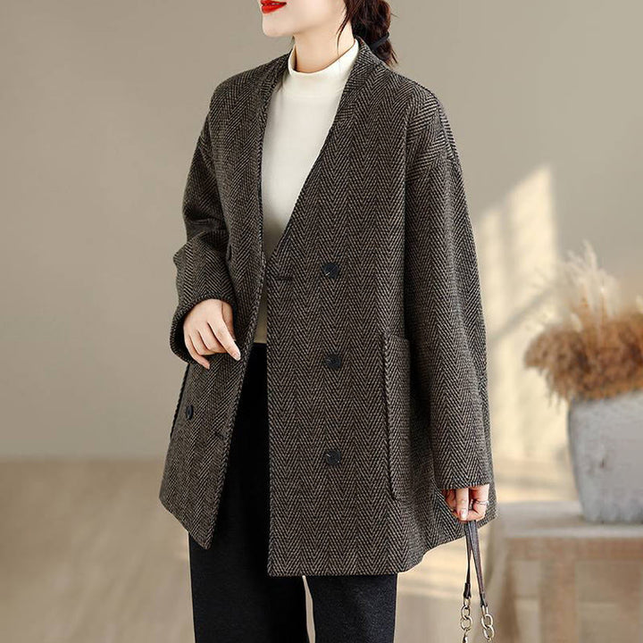 Abrigo de algodón de manga larga con cuello en V y rayas Buddha Stones para mujer con bolsillos - image 15