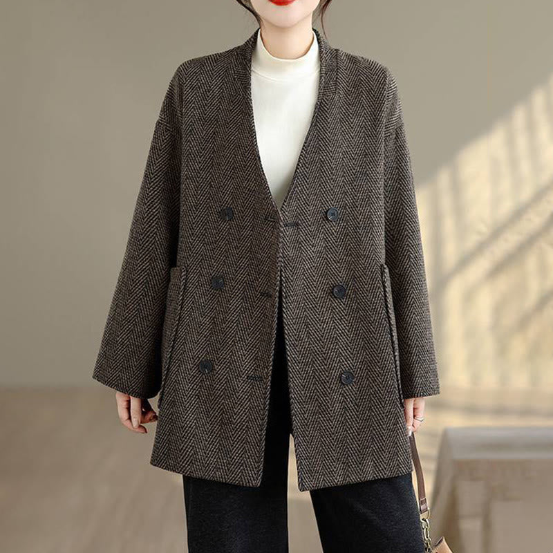 Abrigo de algodón de manga larga con cuello en V y rayas Buddha Stones para mujer con bolsillos - image 11