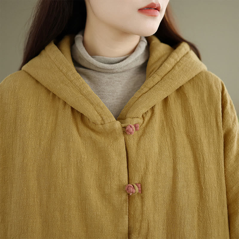 Chaqueta de algodón grueso de manga larga para mujer, lisa, con botones de rana y Buddha Stones, con bolsillos y capucha - image 7