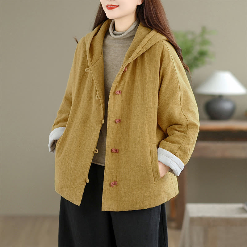 Chaqueta de algodón grueso de manga larga para mujer, lisa, con botones de rana y Buddha Stones, con bolsillos y capucha - Vara de oro - US14，UK/AU18，EU46 (2XL) - image 0