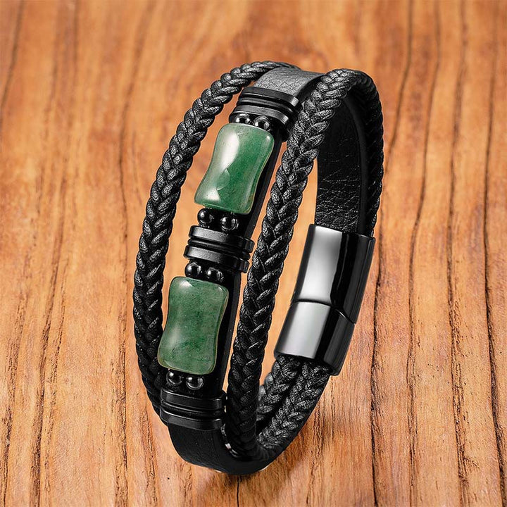 Pulsera de cuero trenzado con Buddha Stones, aventurina verde, amatista, ónix negro y cristal rosa. - Aventurina verde - 18-22 cm - image 0