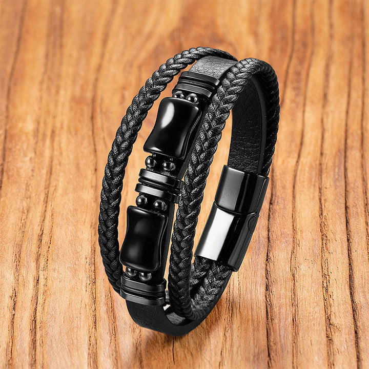 Pulsera de cuero trenzado con Buddha Stones, aventurina verde, amatista, ónix negro y cristal rosa. - Ónix negro - 18-22 cm - image 6