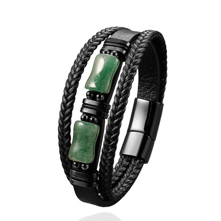 Pulsera de cuero trenzado con Buddha Stones, aventurina verde, amatista, ónix negro y cristal rosa. - image 1