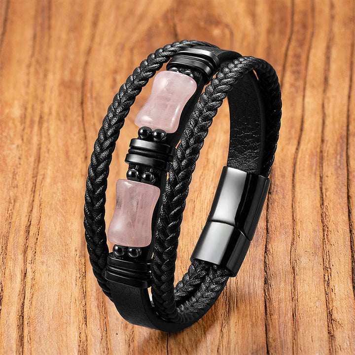 Pulsera de cuero trenzado con Buddha Stones, aventurina verde, amatista, ónix negro y cristal rosa. - Cristal rosa - 18-22 cm - image 8