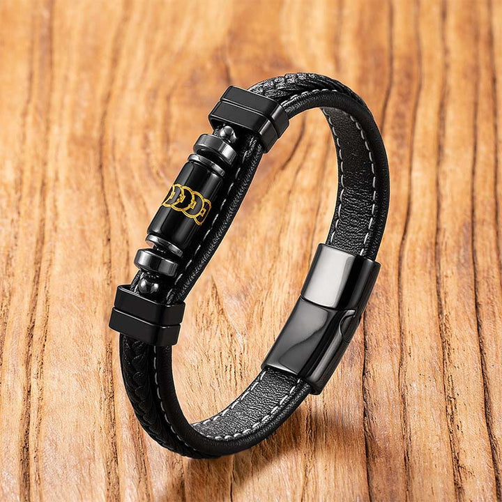 Pulsera de protección del equilibrio con Buddha Stones, Om Mani Padme Hum, símbolo de dragón, ónix negro, cuero, titanio y acero. - Cinco monedas de ónix negro - 18-22 cm - image 6